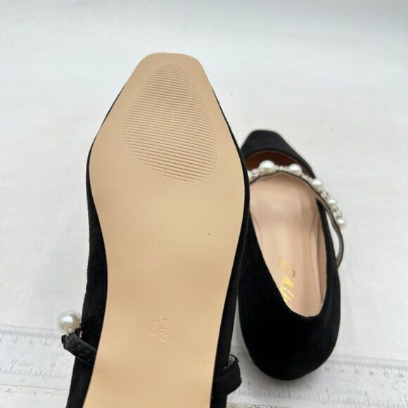 FOWT Women Square Toe Slip on Flats Pearl Studded Strap Elegant Pumps  Black - Picture 6 of 8